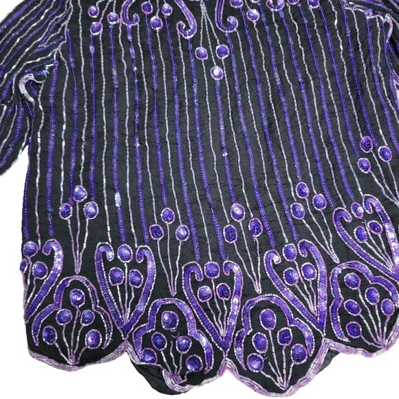 Vintage Sequin Beaded Top Black Purple Long Sleeve Blouse silk lined size xs - Picture 7 of 7